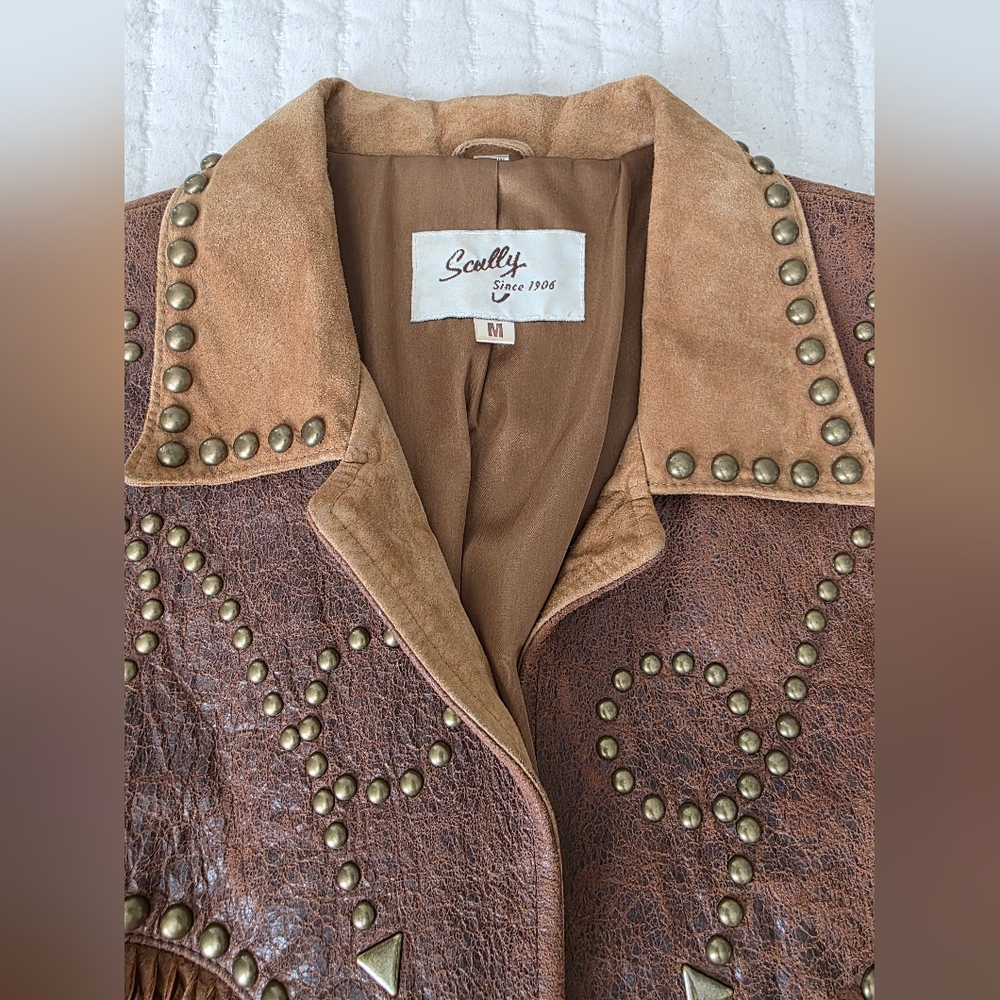 Womans Scully Leather Western Jack Two-Tone Brown Suede Fringe Stud Jacket - Picture 5 of 9